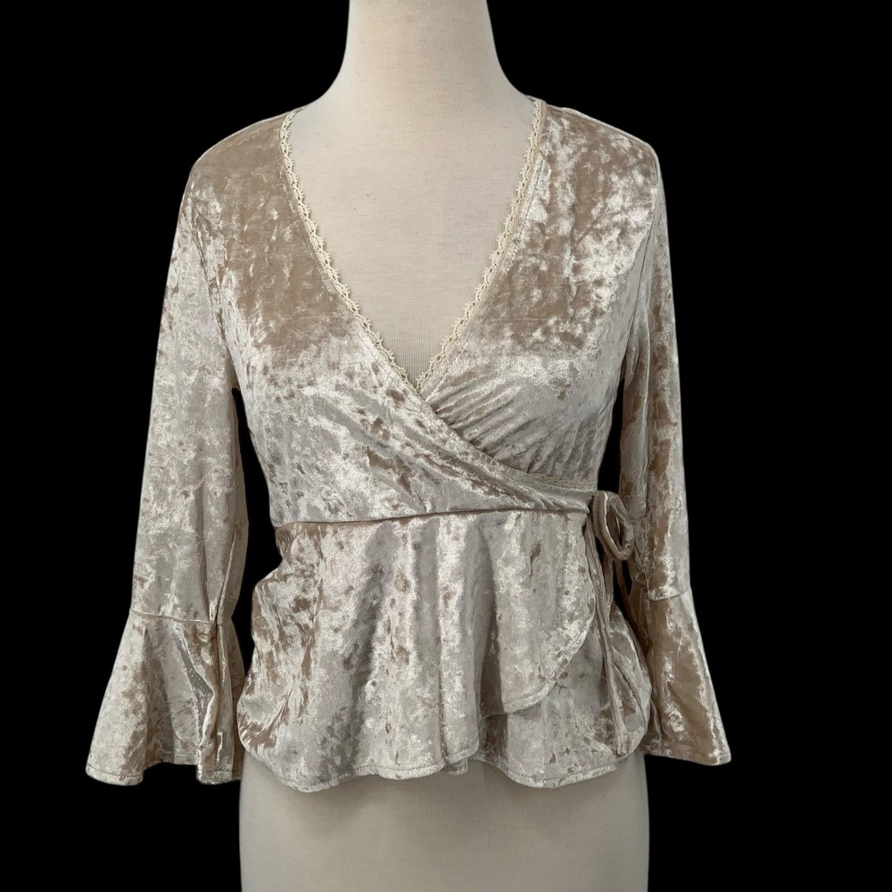 NWT American Rag Cie Crushed Velvet Champagne Faux‎ Wrap Top Flared Sleeve Tie M
